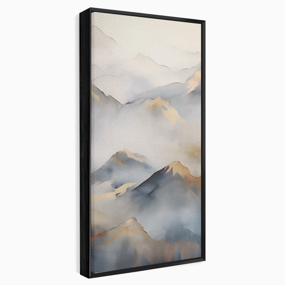 Tablou canvas cu pictura verticala cu munti in ceata, in rama de aluminiu negru